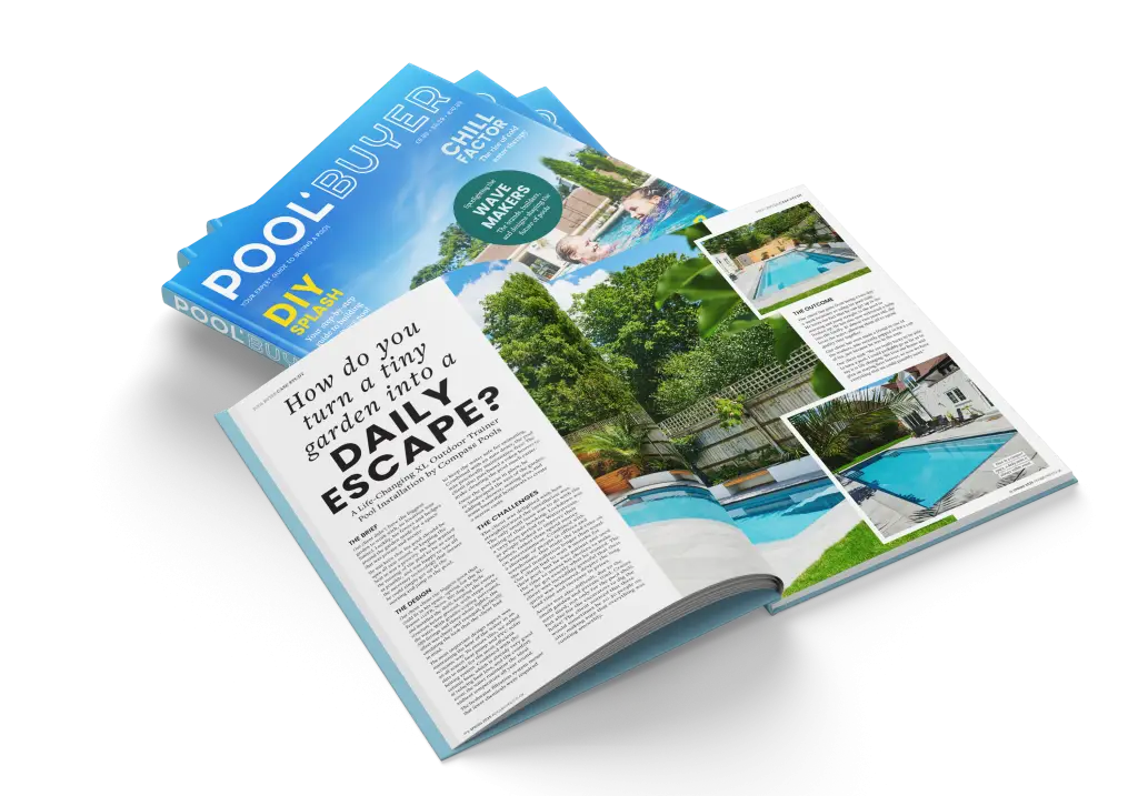 A stack of Pool Buyer magazines with the top one open to a case study on installing a small pool in a compact garden.