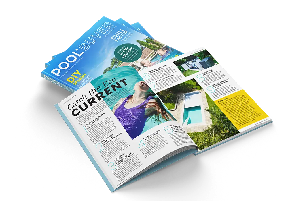 A stack of Pool Buyer magazines, with the top issue featuring the article "Catch the Eco Current" about eco-friendly swimming pool options.