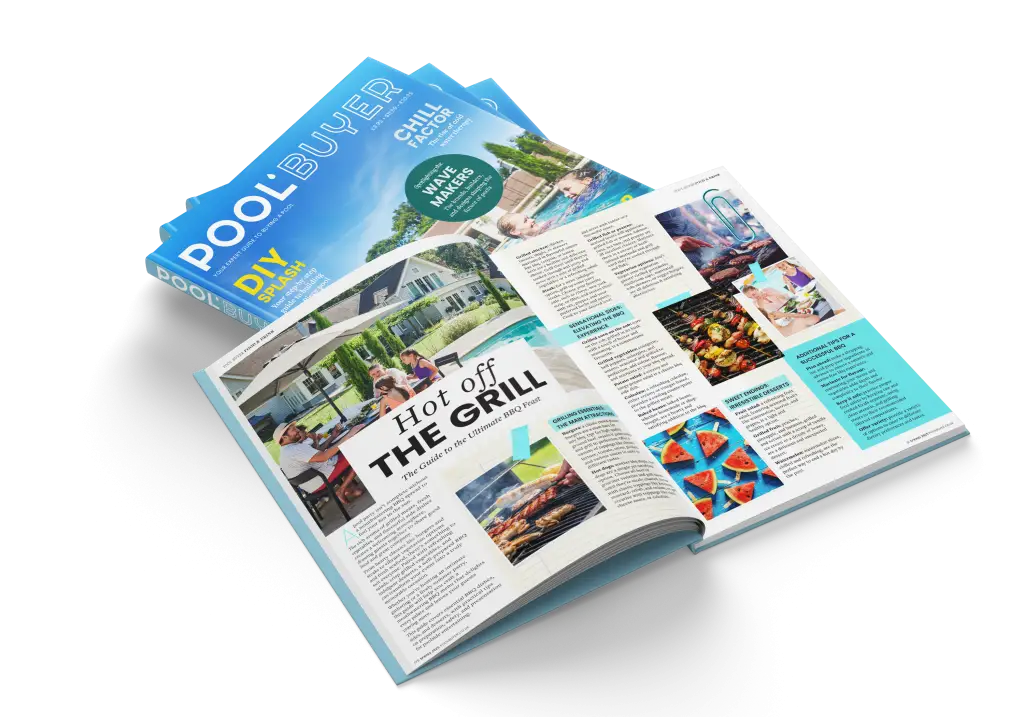 A stack of Pool Buyer magazines with the top one open to the "Hot Off the Grill" article about BBQ foods by the pool.